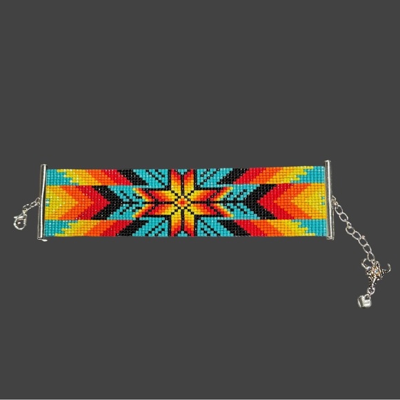 Native American Beaded Wide 1.4 inch Adjustable Cuff Bracelet w/ Diamond Motif - Picture 9 of 9